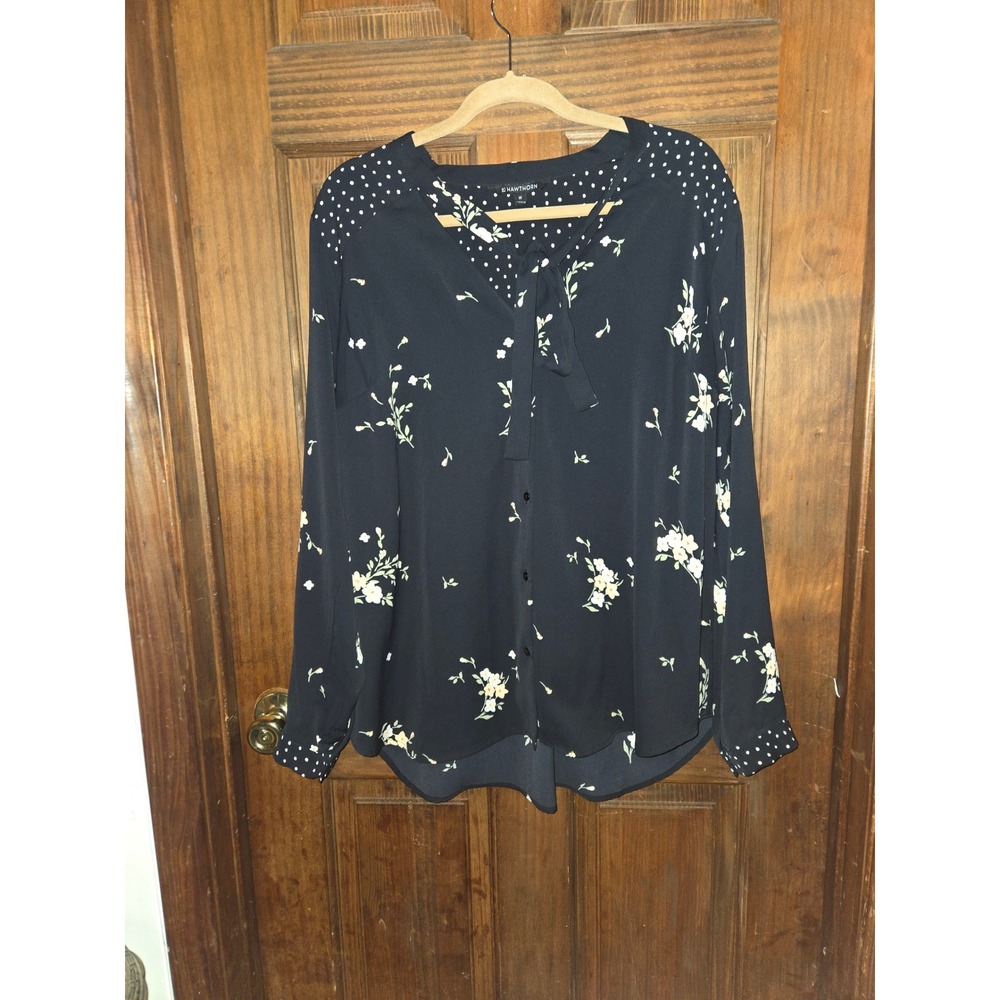 41 Hawthorn Navy Blue Floral Polka Dot Tie Neck Blouse Womens 2X Long Sleeve Top